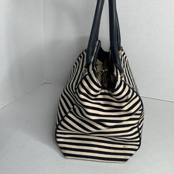 Kate Spade black/white striped canvas leather satchel bag - Picture 4 of 9